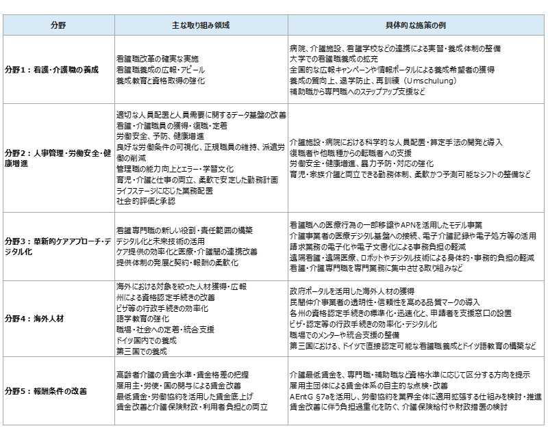 図表7　「協調アクション・ケア（Konzertierte Aktion Pflege：KAP）」の5分野と主な取り組み領域