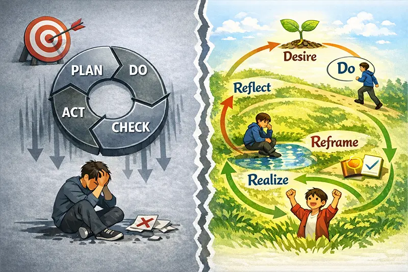 PDCA に悩む人物と、成長サイクルで前進する人物を対比したイラスト。