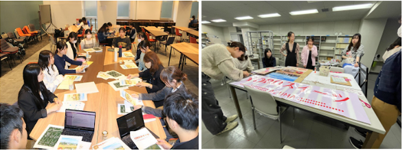 写真「養老町への特産ブランド開発プロジェクト」の打ち合わせ（左）と大学祭出店準備（右）