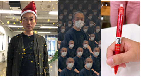 写真　ゼミのXアカウントで「＃今日のあつお」のハッシュタグをつけて投稿された写真。卒業生が作成した小川教授の白黒顔写真シールは現ゼミ生に受け継がれている