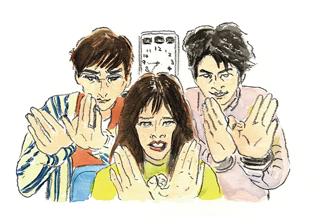 両手の親指をクロスさせ、指をまっすぐに伸ばして手のひらを魅せる女性一人と男性二人のイラスト。三人の背後には時計が見える。