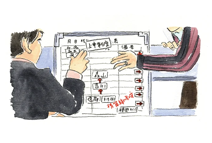 ホワイトボードに向かって、名前が書かれたマグネットシートを貼りながら話す二人の人物のイラスト。ホワイトボードには「上申制度」と中央に描かれたプレートがあり、縦に並んだ人名のプレートの間に上向きの赤い矢印のプレートも貼られている。