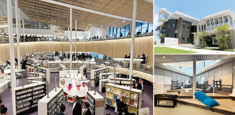 沖縄県の恩納村文化情報センター（写真右上）／宮城県富谷市複合図書館「ユートミヤ」（写真左、右下）