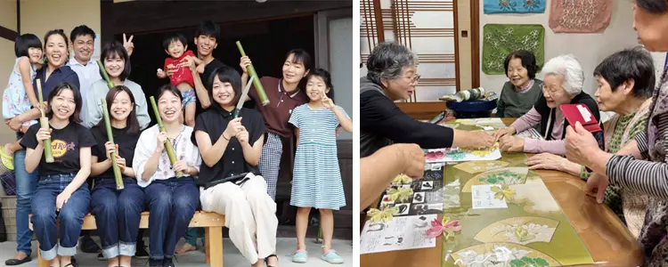 竹鉄砲づくり参加者集合写真（写真左）、トイレットペーパーの芯を使ったアートづくりの様子（写真右）
