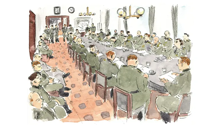 ナチスドイツ将校たちによる会議の様子のイラスト