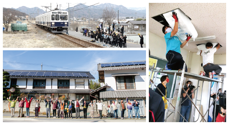 別所線増便の初日に手を振るイベントの様子や相乗りくんの第1号が発電開始の様子と白馬高校でのワークショップ