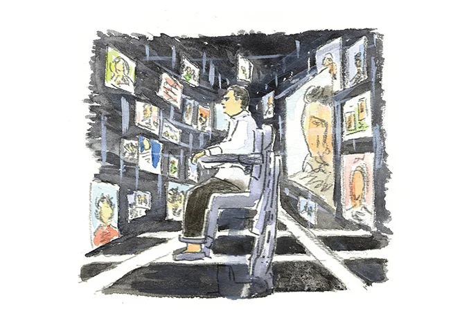 部屋一面のモニターを可動式の椅子に座って眺める人のイラスト