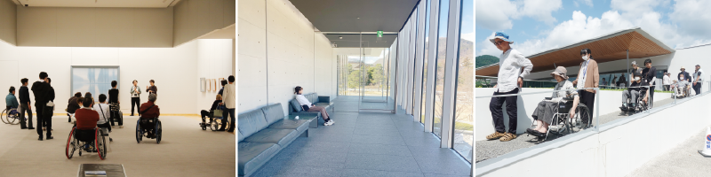 特別鑑賞日や美術館内のソファ、車椅子研修の様子